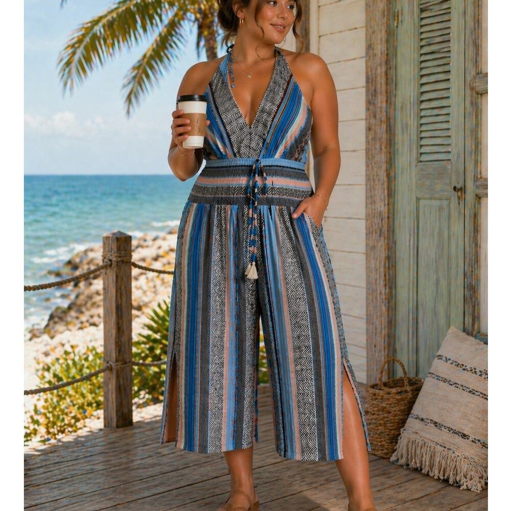 Venus XL Boho Striped Halter Jumpsuit Wide Leg Cropped Slit Coastal Resort